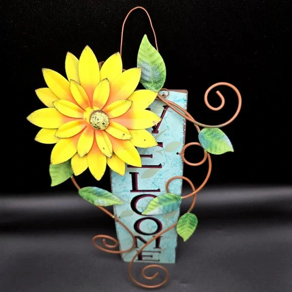 Rustic Metal Sunflower Welcome Sign Vertical Wall Hanging Decor Blue/Teal - Picture 1 of 11